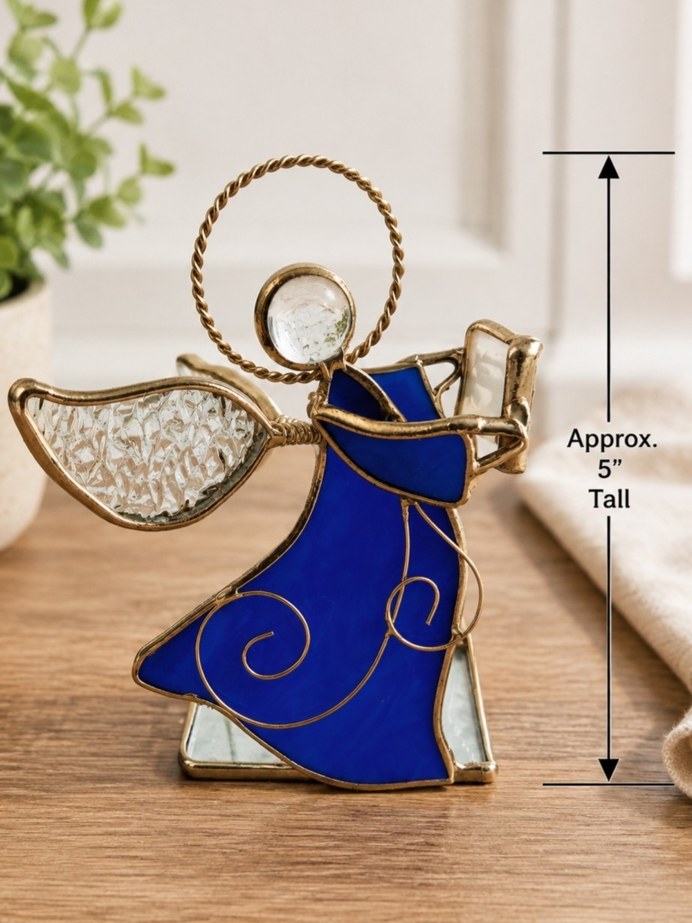 Vintage Cobalt Blue Stained Glass Angel Tealight Candle Holder Book Christmas 5"